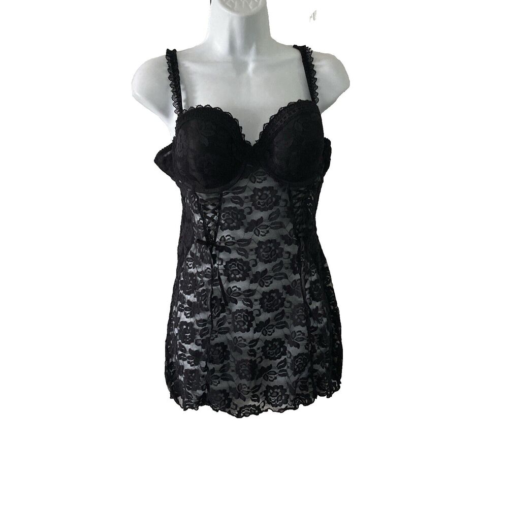 Adore Me Black Sheer Sexy Floral Lace Babydoll Teddy Nightie Underwire Sz Large